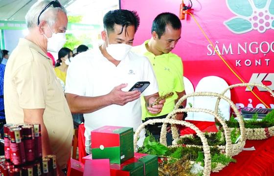 Người dân tìm hiểu các sản phẩm từ sâm Ngọc Linh được trưng bày tại Phiên chợ sâm Ngọc Linh ở Kon Tum